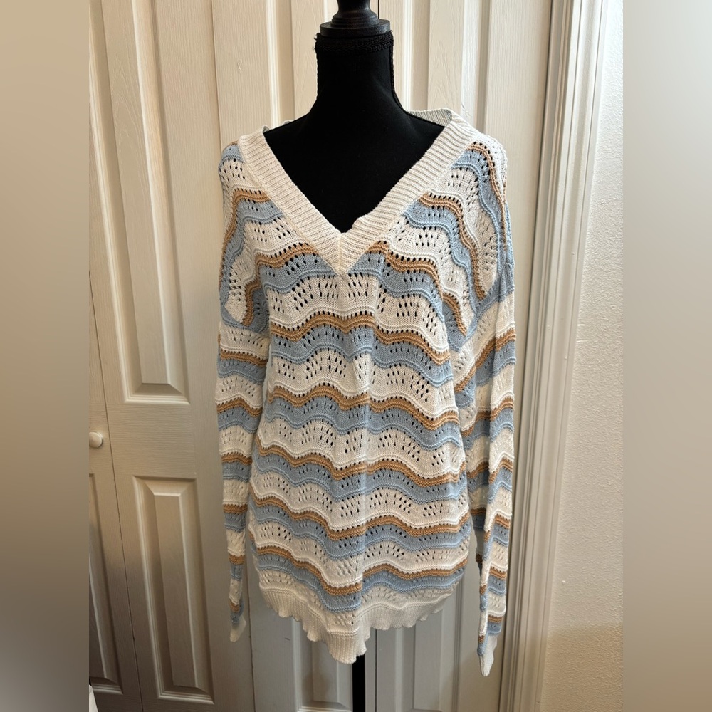 Studio V-Neck Sweater - Blue, White, and Tan